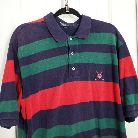 Polo Ralph Lauren Golf Shirt Vtg 90s Green Red Blue Striped Rugby Collared Sz XL - Picture 3 of 8